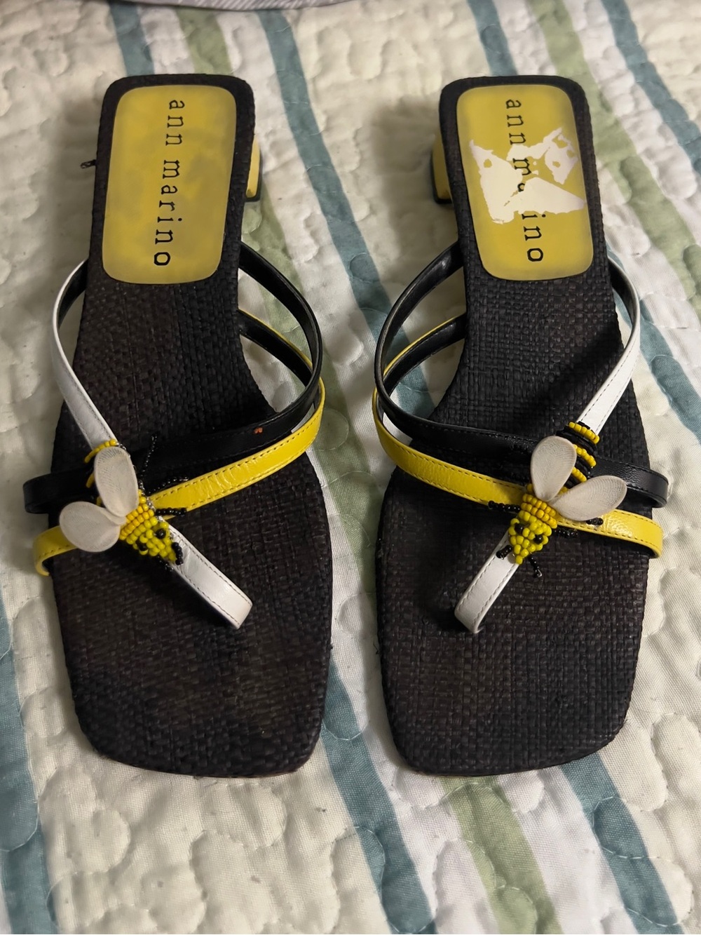Ann Marino Black Yellow White Beaded Bumblebee Slide Sandals